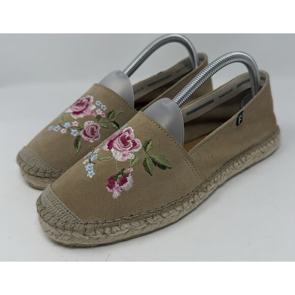 New FABIOLAS Beige Suede Floral Embroidered‎ Espadrilles Shoes 41 9.5 NWOB - Picture 1 of 9